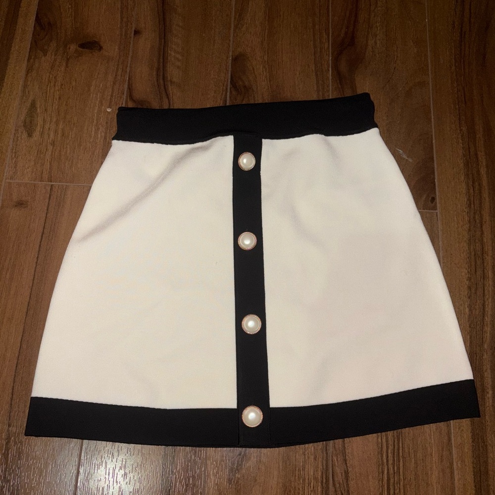 Babaton Black and Cream Buttoned Mini Skirt